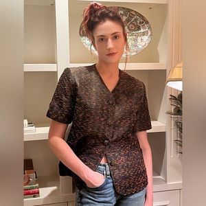 Charcoal Grey Shimmery Short Sleeve Jacket Copper & Coral Accents Vintage Size 6